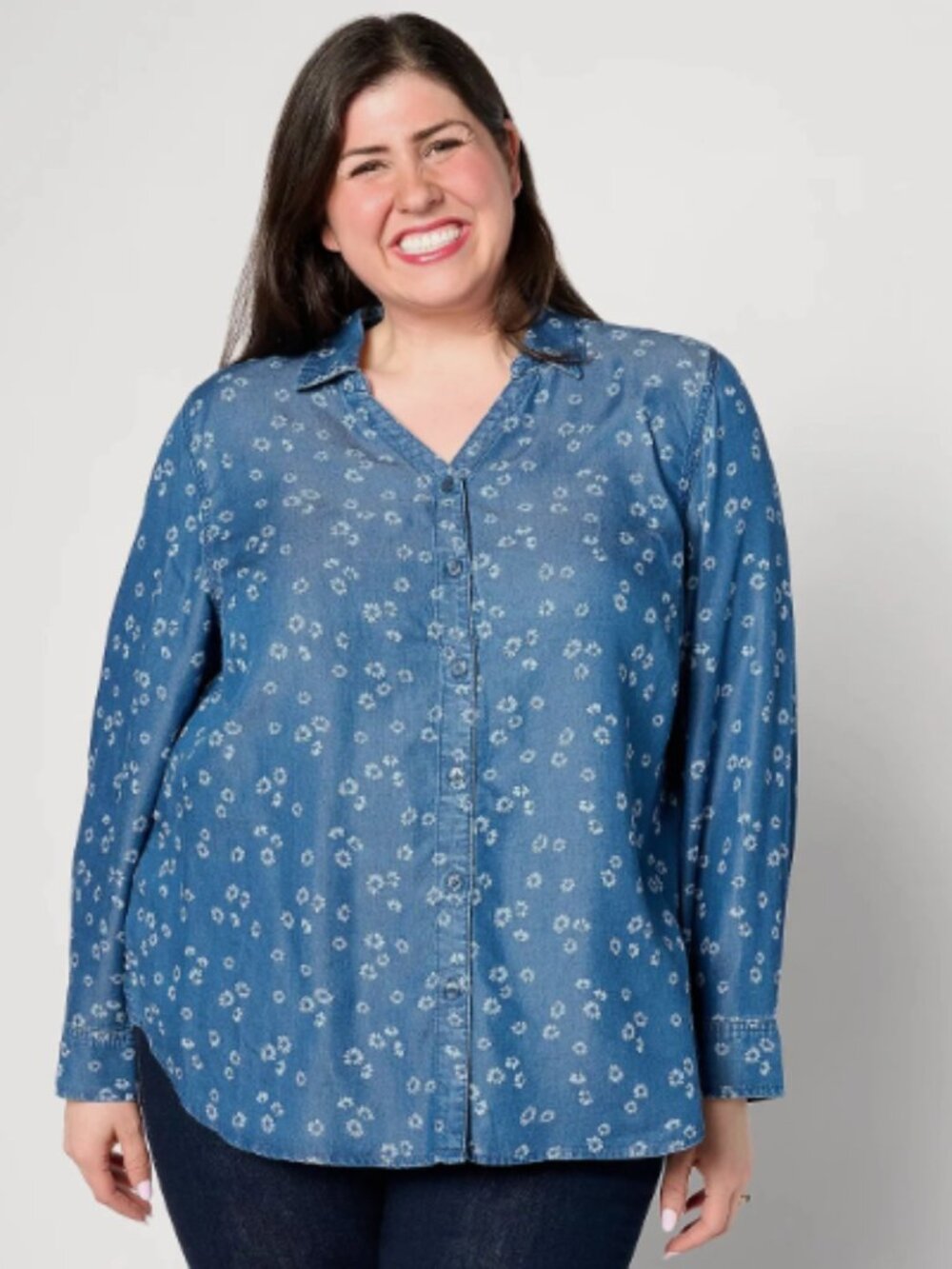 Joan Rivers Button-Front Y-Neck Flrl Printed Denim Shirt-Med Wash-Small-A635815